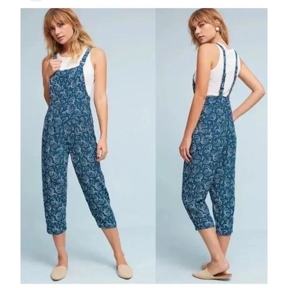 Anthropologie Maeve Tidal Pools Blue Print Cropped Jumpsuit S Medium Overalls - Picture 1 of 13